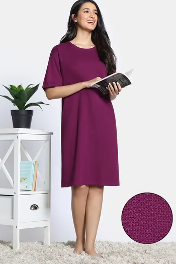 Buy Zivame 2 Mile Fashion Knit Cotton Knee Length Nightdress - Plum Caspia